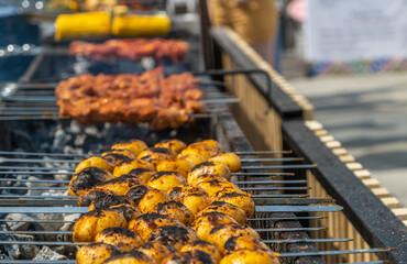 Meat kebab on skewers on coals in the grill.