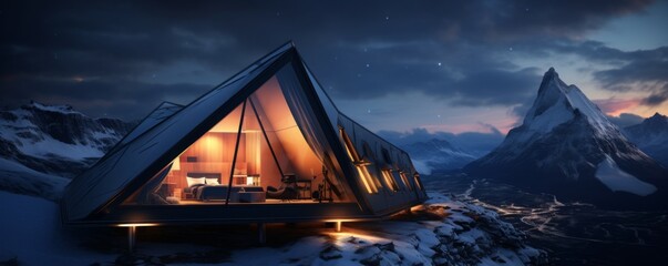 Luxury and modern tourist shelter, cottage in the mountains at night, banner. Generative Ai. - obrazy, fototapety, plakaty