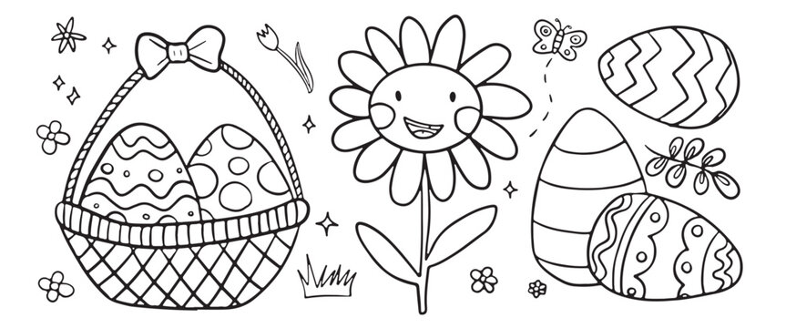 Cheerful Easter coloring scene with decorated eggs in a basket, a smiling sunflower, and a playful butterfly, perfect for kids' crafts and activities.
