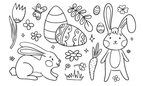 Child-friendly Easter line art featuring bunnies, eggs, flowers, and a butterfly, perfect for coloring activities and holiday fun