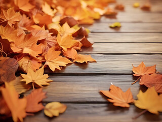 Naklejka na ściany i meble autumn leaves on wooden background. generative AI