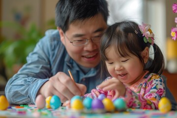 Fototapeta na wymiar A tender moment as a grandfather guides his young granddaughter in painting colorful Easter eggs, symbolizing family bonding and the joy of springtime traditions
