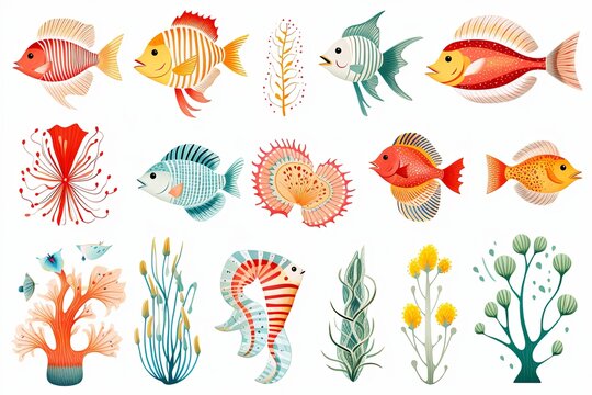 Printable sea animals and fish sticker clipart Illustration set on white background