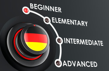 German levels, learning and improvement German language, concept with scale knob. 3D rendering