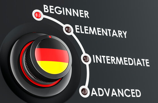 German levels, learning and improvement German language, concept with scale knob. 3D rendering