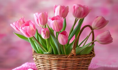 Basket of pink tulip flowers on a pink spring background