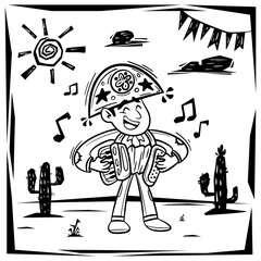 Xilogravura Festa Junina. June celebration. Accordion player, Forró Nordestino musician, traditional Brazilian rhythm. String style vector illustration