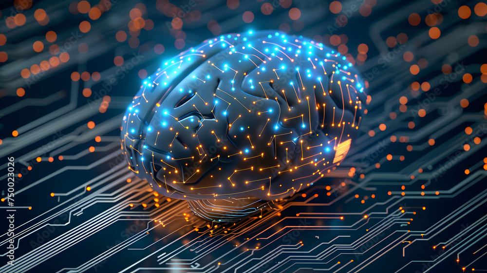 Poster brain with circuit board texture. digital concept