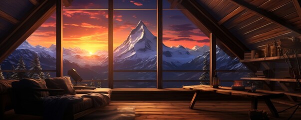 Luxury interior of  tourist shelter, cottage in the mountains with sunset light, banner. Generative Ai.