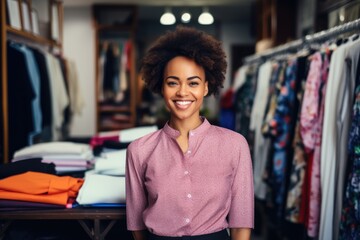 Young stylish woman working in fashion industryas designer, personal shopper, shop assistant. Small business concept