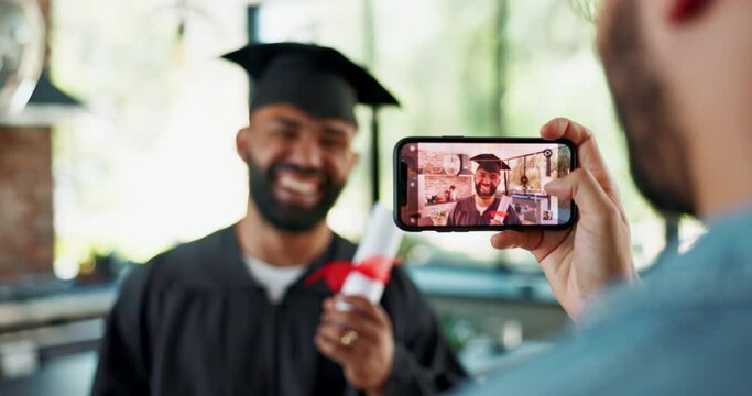 Graduation, phone and happy with photography in home with certificate, academic achievement or success. Graduate, man or friend with smartphone for celebration, profile picture or memories in kitchen