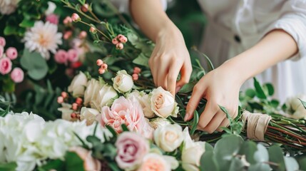 A skilled florist's hands delicately arrange a variety of fresh roses and greenery, creating an elegant floral bouquet...