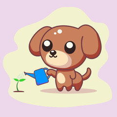 Brown dog watering plants for green nature vector art.