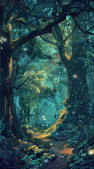 Mystical woodland scene with ethereal glow - Magical twilight scene in an enchanted forest with glowing fireflies, and a tranquil, dream-like feel