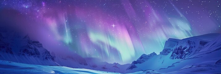Panoramic view of auroras over a snowy cliff - A wide digital art representation of an enchanting aurora borealis above a cliff in a wintry setting - obrazy, fototapety, plakaty