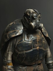 Tortoise in a gas mask and robe posture - An artistic rendition of a tortoise standing upright donning a gas mask and wearing a dark, draped robe