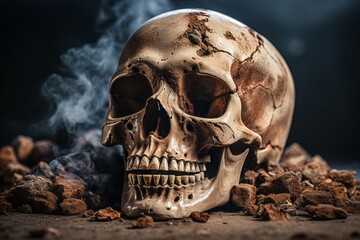 An ancient skull with smoke rising from its eye sockets, placed on a pile of stones in a mysterious and dark setting. Ideal for conveying an eerie and supernatural atmosphere in visual storytelling.