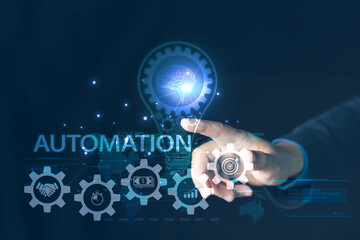 AI ,Business visionary points to AI letter icon on a world map, symbolizing the strategic utilization of AI in global business. Embrace innovation and navigate the future of intelligent technology