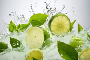Fresh fruit green lemon juice or cocktail drinks, summer beverage concept with ice water drops splashing background