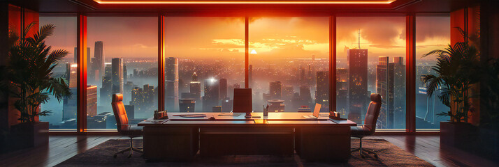 Workday Solitude: An Office Space That Captures the Quiet of the City at Night, Offering a Place...