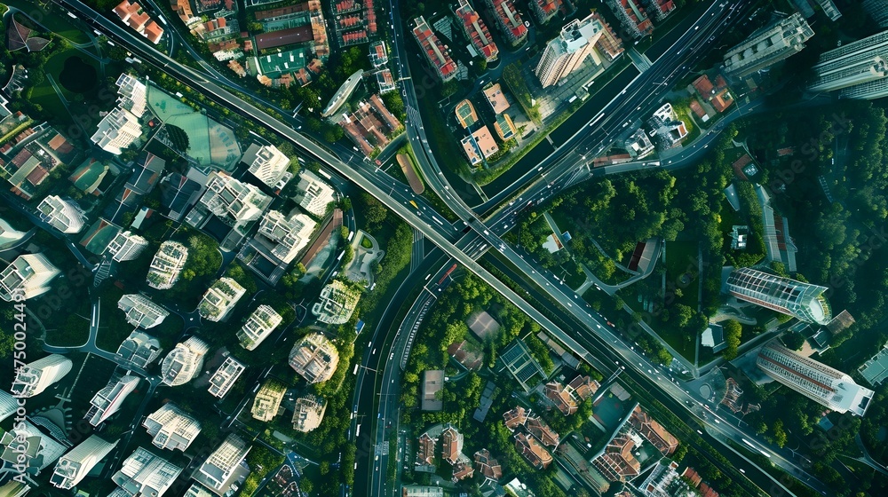 Poster aerial view of a city and highway with dynamic spatial relationships