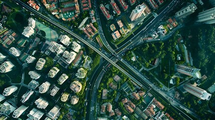 Aerial view of a City and Highway with Dynamic Spatial Relationships