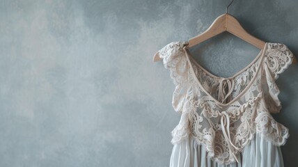 Elegant vintage lace dress on hanger against textured wall