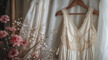 Elegant delicate lingerie on a hanger hanging by a window with floral decor