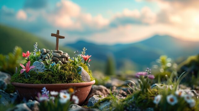 A miniature Easter Resurrection garden featuring wooden crosses, vibrant flowers, and greenery, celebrating the Christian festival of resurrection..