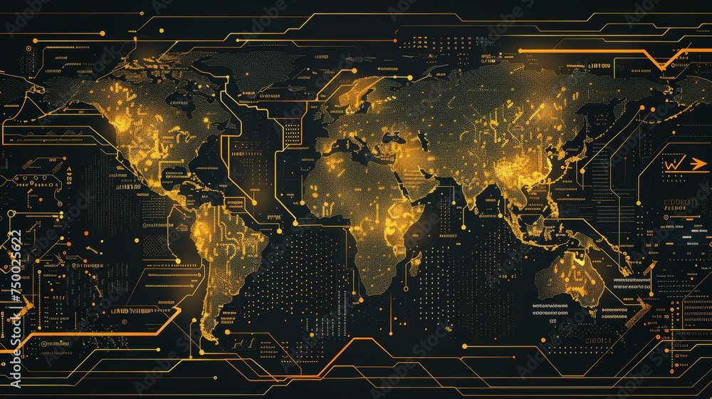 Poster an intricate digital world map overlaid with a circuit board design, highlighting global connectivit