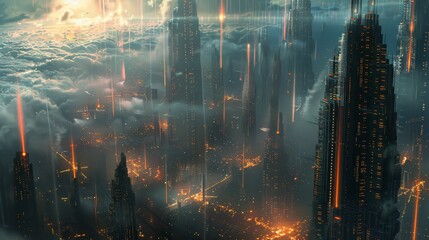 Fototapeta premium An immersive digital art piece depicting a futuristic city with glowing light trails descending from the sky amidst skyscrapers.
