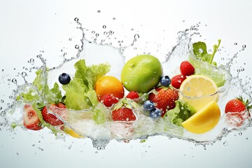 Fresh multi fruits and healthy vegetables food diet freshness and cocktail drinks, summer beverage concept with ice water drop splash background