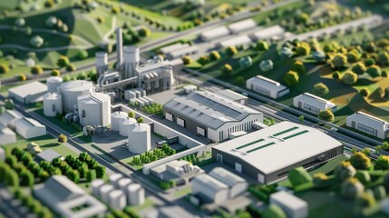 an ortographic 3d low poly aerial view of a wine factory including its vineyard and production plants that use iot sensors global illumination allure is white and green highlights for iot sensors