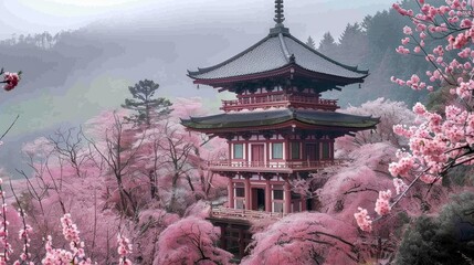 A serene Japanese pagoda surrounded by a soft blanket of pink cherry blossoms, exuding tranquility and natural beauty.
