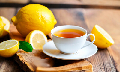 Obraz na płótnie Canvas cup of tea and lemon on the table. Selective focus.