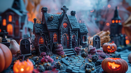 Create a graveyard-themed treat table, complete with tombstone-shaped cookies and candy coffin favors, turning your Halloween party into an edible eerie experience. - obrazy, fototapety, plakaty