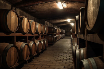 Wine barrels in a wine cellar. Oak Wine Barrels in winemaking and Winery Barrel room. Wooden oak barrels with whiskey in storage, Vintage Wine in an old barrel. Wood Wines Barrels In Winery Cellar. - obrazy, fototapety, plakaty