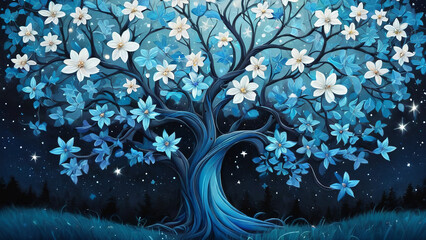 A tree with blue leaves and stars on a dark background