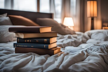 stack of books lying on a bed - obrazy, fototapety, plakaty
