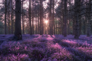 Spring Sunrise in Bluebell Woodland Forest Canopys