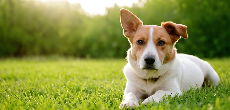 jack russell terrier, Cute dog lying on a lush green grass field, 3d rendered look