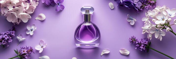 Fragrant Elegance Perfume Bottle Adorned with Purple and White Flowers Against a Violet Background
