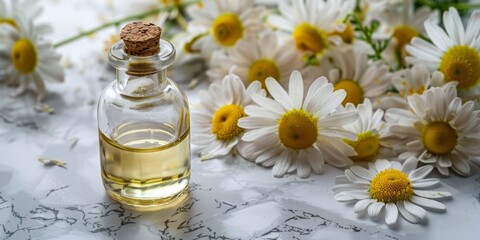 Chamomile Essential Oil in a Glass Bottle, Resting on a Luxurious Marble Background. Close-up of Chamomile Flowers, Perfect for Spa and Herbal Medicine Treatments