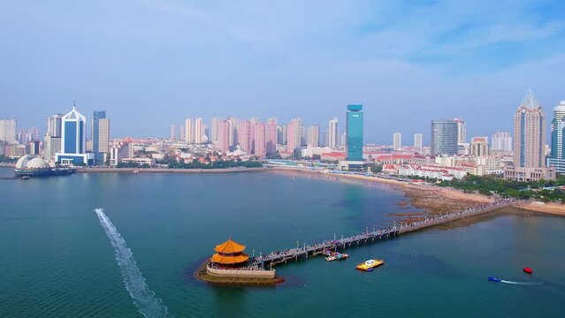 Aerial Photography of the Scenery of Qingdao Zhanqiao Huilan Pavilion and Urban Skyline in Shandong, China