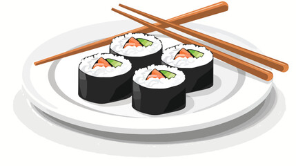 Japanese roll with wooden chopsticks on a plate