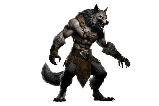 a high quality stock photograph of a single werewolf fantasy character isolated on a white background