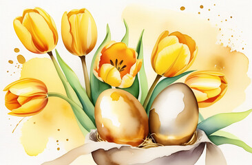 Two golden Easter eggs and yellow tulips on a watercolor yellow background