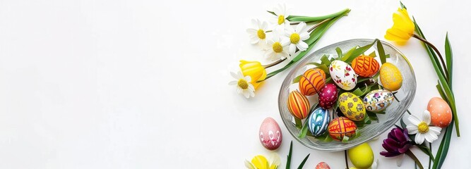 Easter eggs decoration in a glass oval container isolated  on white background
