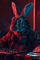 Rabbit DJ spinning jazz records neon lights in an optimistic future