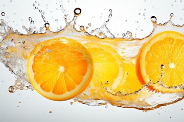 Fresh fruit floating orange juice or cocktail drinks, summer beverage concept with ice water drops splashing background